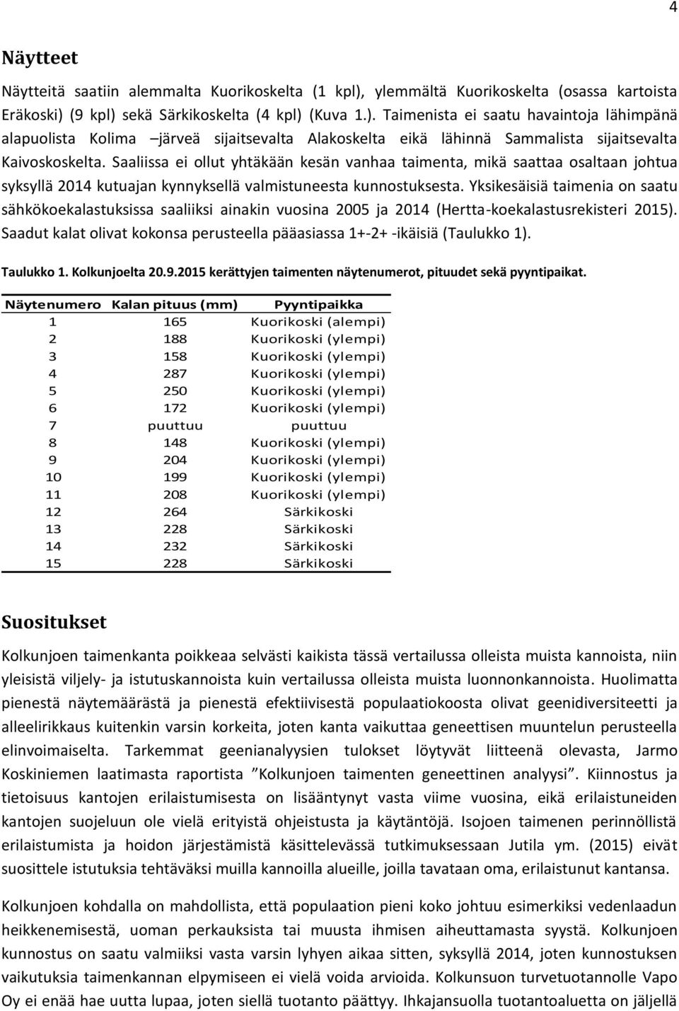 Saaliissa ei ollut yhtäkään kesän vanhaa taimenta, mikä saattaa osaltaan johtua syksyllä 2014 kutuajan kynnyksellä valmistuneesta kunnostuksesta.