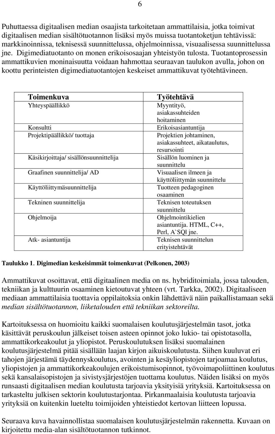 Tuotantoprosessin ammattikuvien moninaisuutta voidaan hahmottaa seuraavan taulukon avulla, johon on koottu perinteisten digimediatuotantojen keskeiset ammattikuvat työtehtävineen.