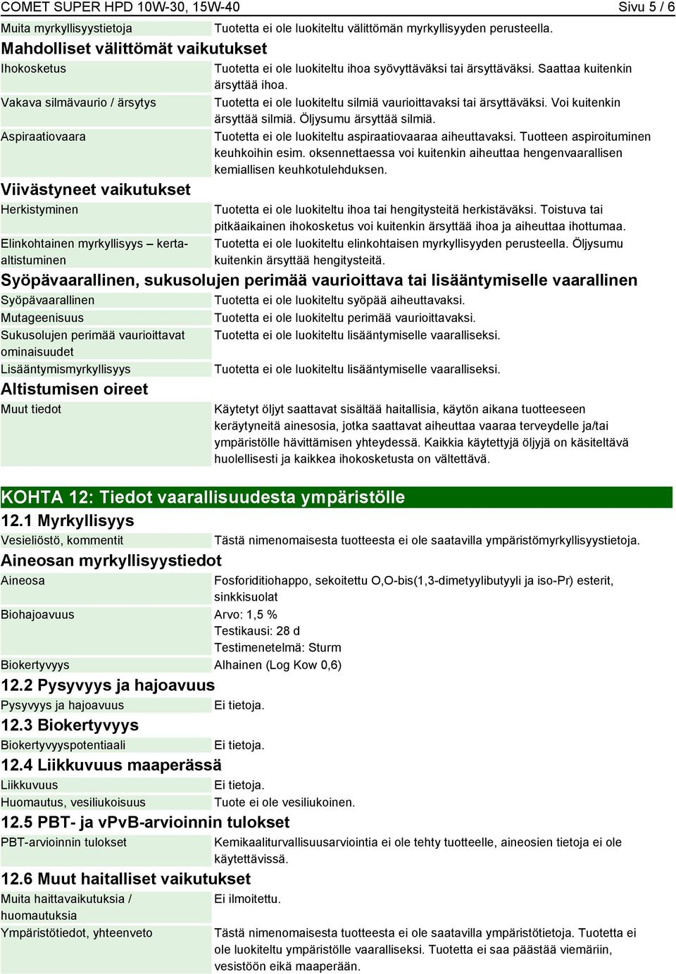 Saattaa kuitenkin ärsyttää ihoa. Tuotetta ei ole luokiteltu silmiä vaurioittavaksi tai ärsyttäväksi. Voi kuitenkin ärsyttää silmiä. Öljysumu ärsyttää silmiä.