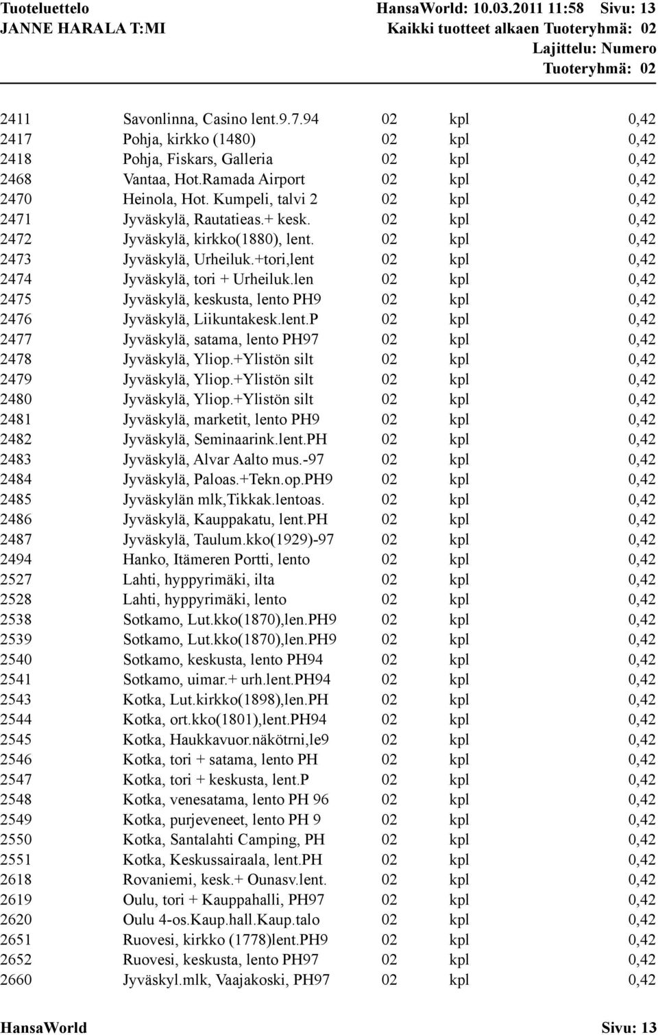 Kumpeli, talvi 2 02 kpl 0,42 2471 Jyväskylä, Rautatieas.+ kesk. 02 kpl 0,42 2472 Jyväskylä, kirkko(1880), lent. 02 kpl 0,42 2473 Jyväskylä, Urheiluk.