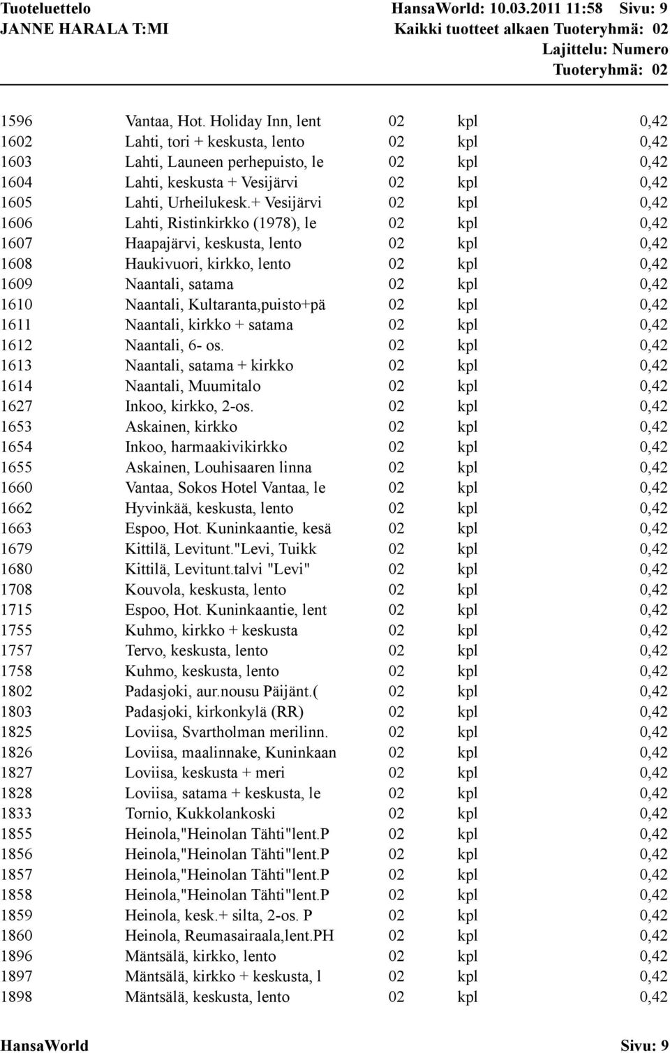 + Vesijärvi 02 kpl 0,42 1606 Lahti, Ristinkirkko (1978), le 02 kpl 0,42 1607 Haapajärvi, keskusta, lento 02 kpl 0,42 1608 Haukivuori, kirkko, lento 02 kpl 0,42 1609 Naantali, satama 02 kpl 0,42 1610