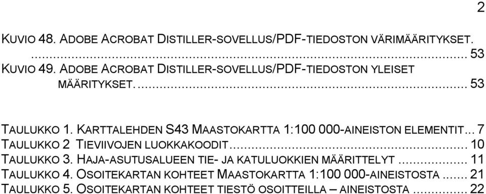 KARTTALEHDEN S43 MAASTOKARTTA 1:100 000-AINEISTON ELEMENTIT... 7 TAULUKKO 2 TIEVIIVOJEN LUOKKAKOODIT... 10 TAULUKKO 3.