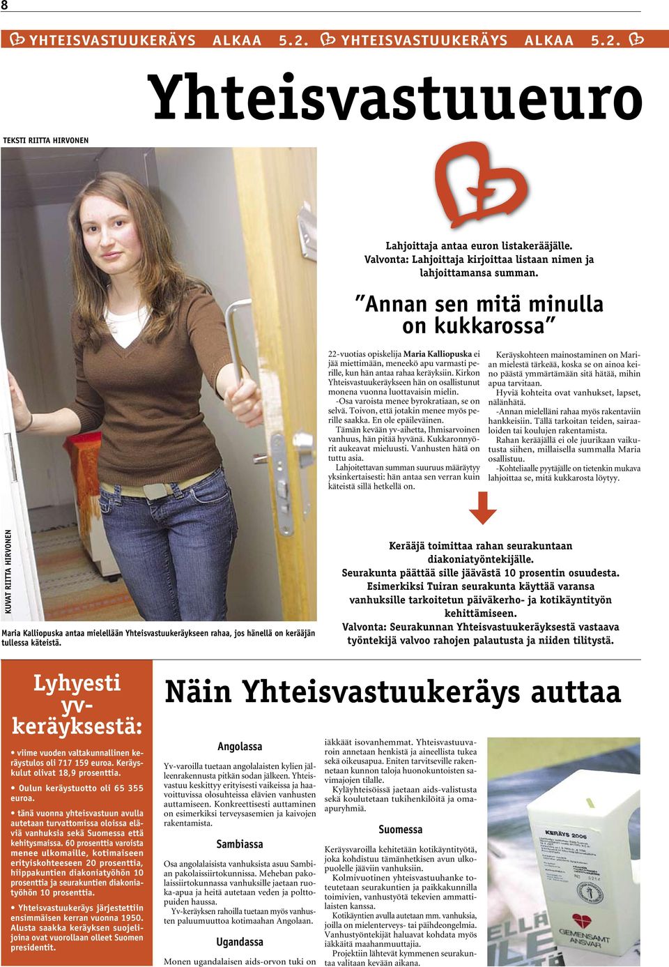 Annan sen mitä minulla on kukkarossa 22-vuotias opiskelija Maria Kalliopuska ei jää miettimään, meneekö apu varmasti perille, kun hän antaa rahaa keräyksiin.