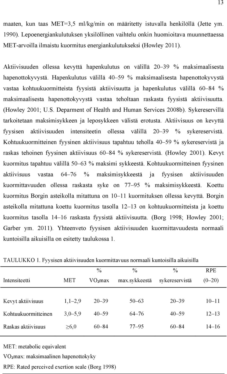 Aktiivisuuden ollessa kevyttä hapenkulutus on välillä 20 39 % maksimaalisesta hapenottokyvystä.