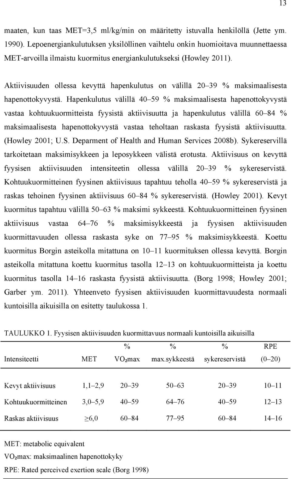 Aktiivisuuden ollessa kevyttä hapenkulutus on välillä 20 39 % maksimaalisesta hapenottokyvystä.