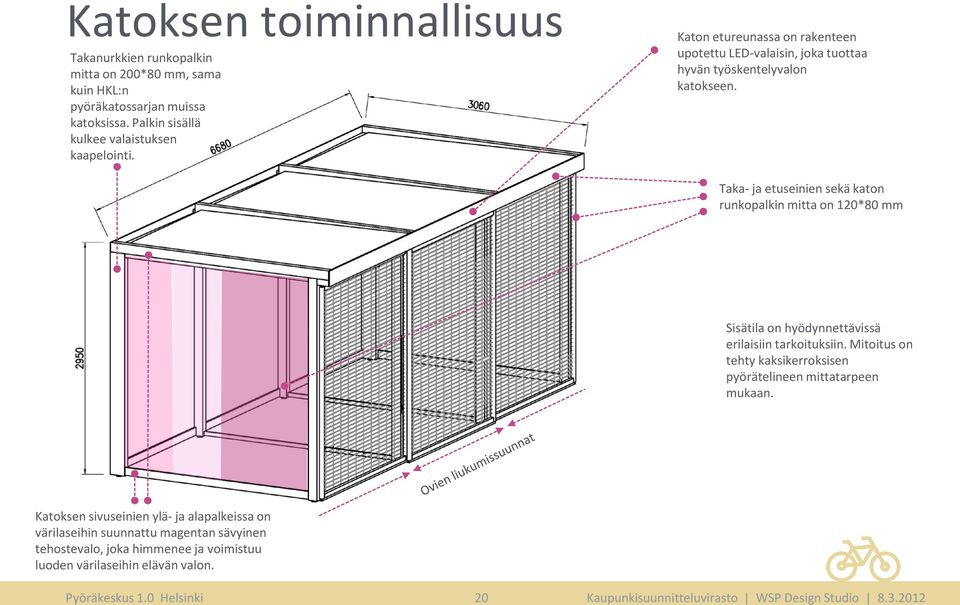 Taka- ja etuseinien sekä katon runkopalkin mitta on 120*80 mm Sisätila on hyödynnettävissä erilaisiin tarkoituksiin.