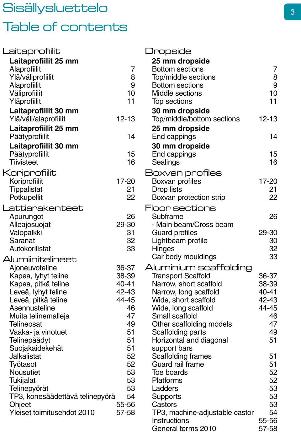 Alleajosuojat 29-30 Valopalkki 31 Saranat 32 Autokorilistat 33 Alumiinitelineet Ajoneuvoteline 36-37 Kapea, lyhyt teline 38-39 Kapea, pitkä teline 40-41 Leveä, lyhyt teline 42-43 Leveä, pitkä teline