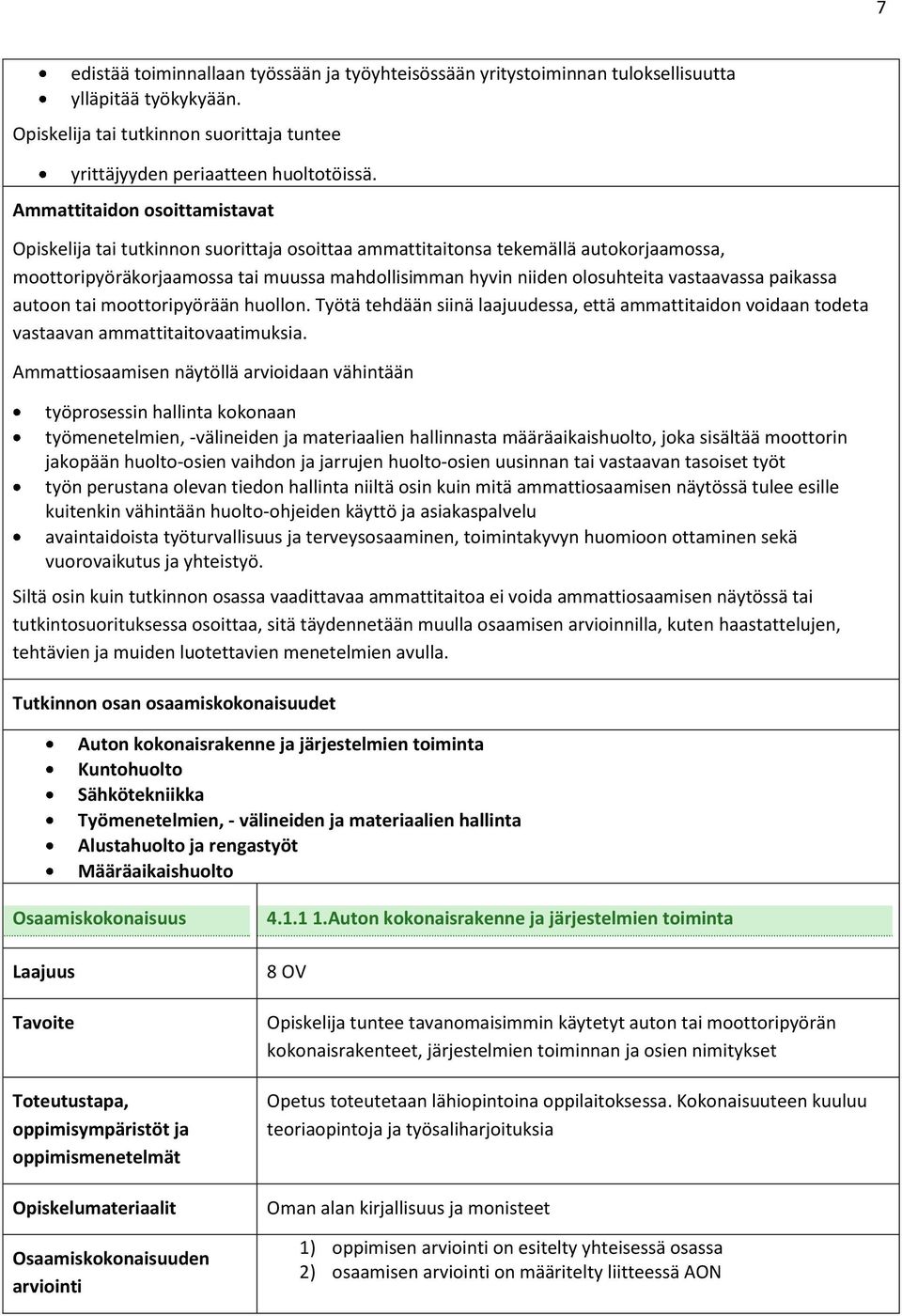 vastaavassa paikassa autoon tai moottoripyörään huollon. Työtä tehdään siinä laajuudessa, että ammattitaidon voidaan todeta vastaavan ammattitaitovaatimuksia.