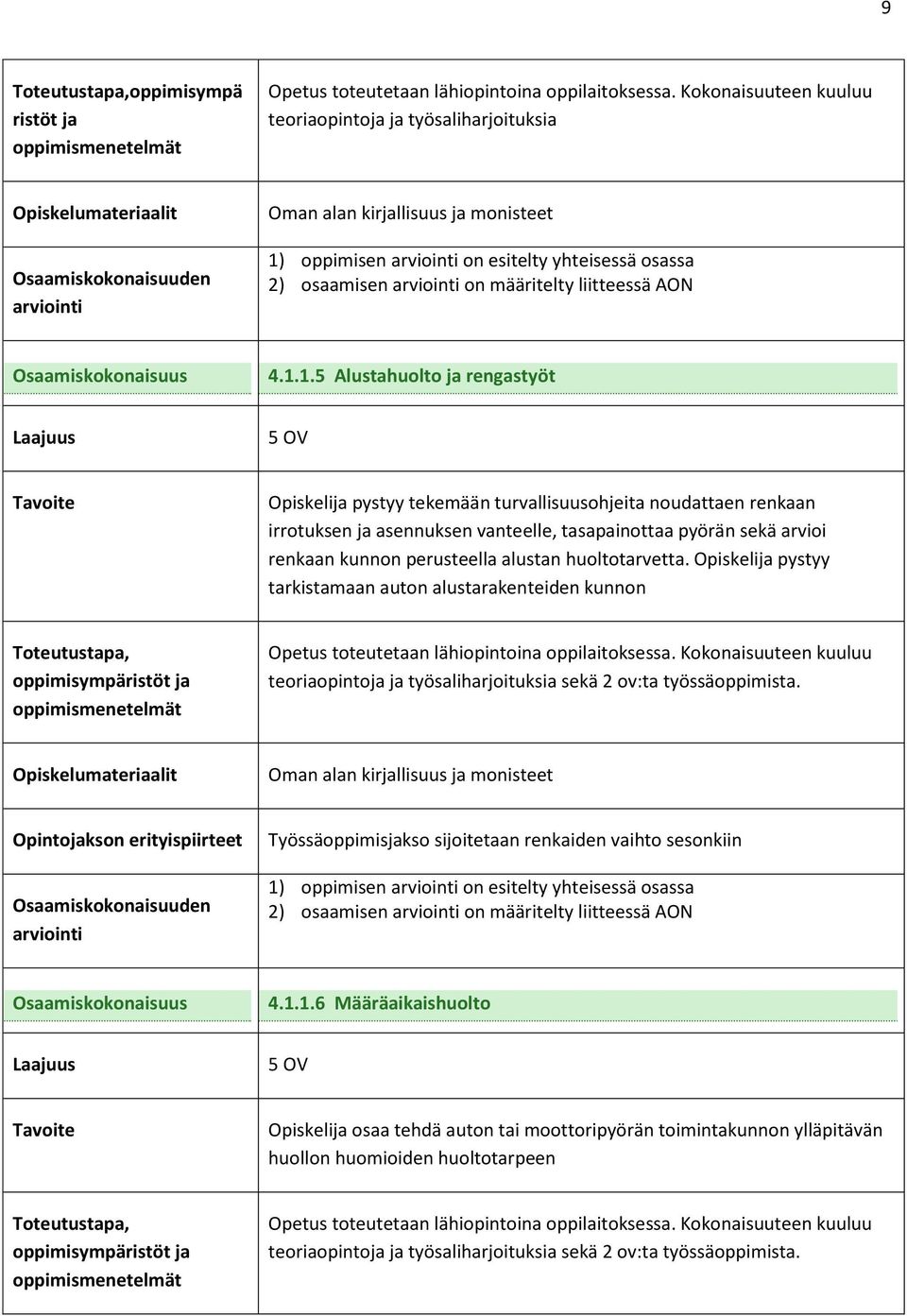 alustan huoltotarvetta. Opiskelija pystyy tarkistamaan auton alustarakenteiden kunnon teoriaopintoja ja työsaliharjoituksia sekä 2 ov:ta työssäoppimista.