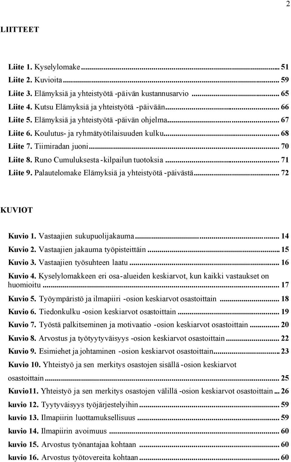 Palautelomake Elämyksiä ja yhteistyötä -päivästä... 72 KUVIOT Kuvio 1. Vastaajien sukupuolijakauma... 14 Kuvio 2. Vastaajien jakauma työpisteittäin... 15 Kuvio 3. Vastaajien työsuhteen laatu.