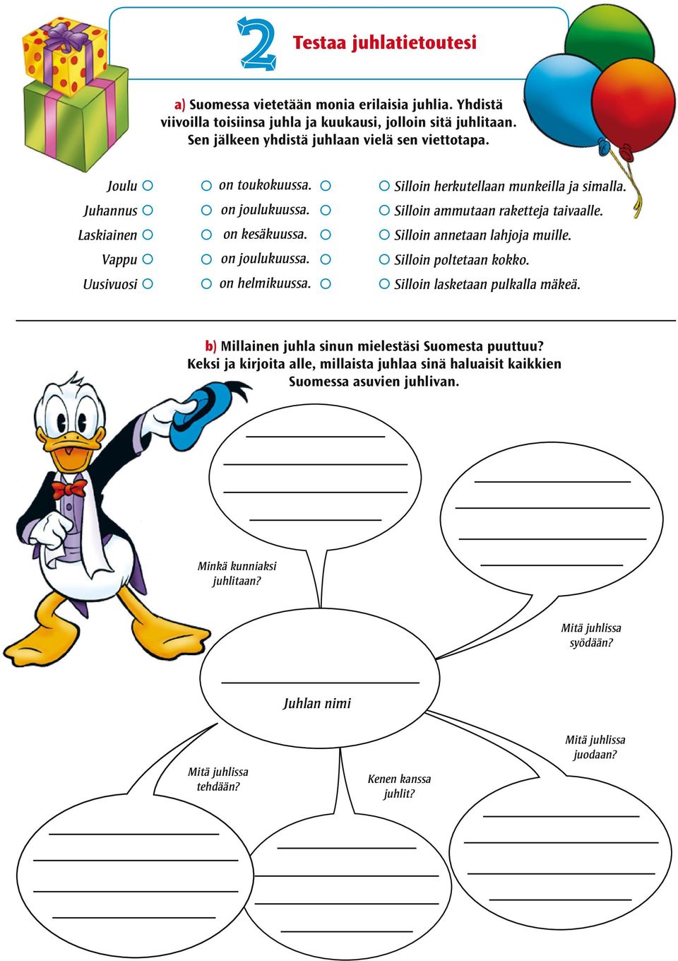 Laskiainen on kesäkuussa. Silloin annetaan lahjoja muille. Vappu on joulukuussa. Silloin poltetaan kokko. Uusivuosi on helmikuussa. Silloin lasketaan pulkalla mäkeä.