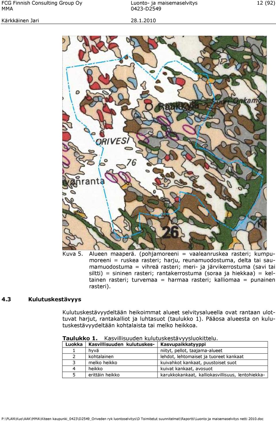 rantakerrostuma (soraa ja hiekkaa) = keltainen rasteri; turvemaa = harmaa rasteri; kalliomaa = punainen rasteri). 4.