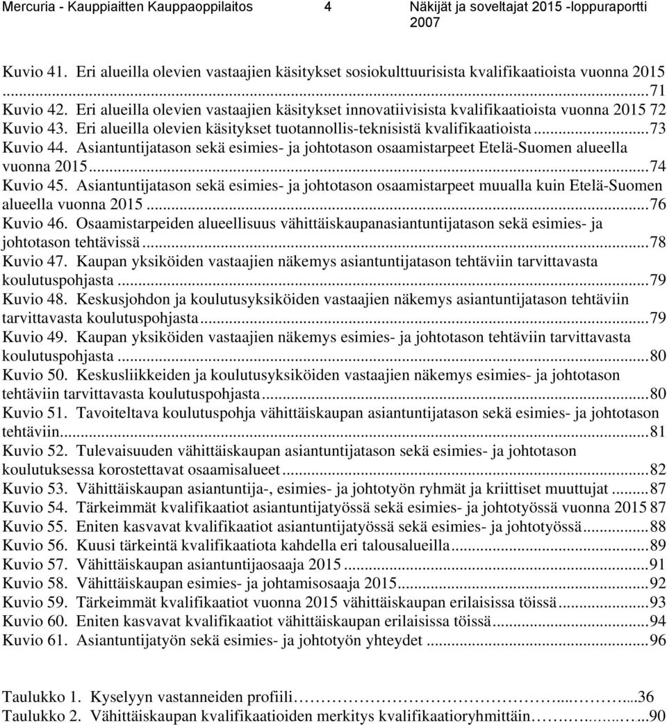 Asiantuntijatason sekä esimies- ja johtotason osaamistarpeet Etelä-Suomen alueella vuonna 2015...74 Kuvio 45.