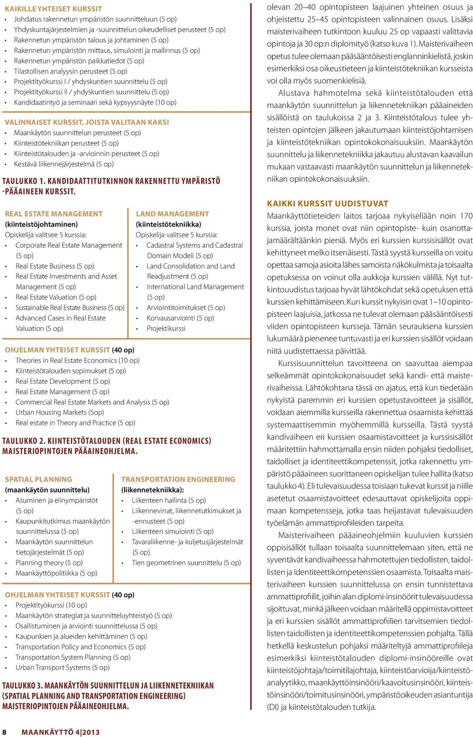 Projektityökurssi II / yhdyskuntien suunnittelu (5 op) Kandidaatintyö ja seminaari sekä kypsyysnäyte (10 op) Valinnaiset kurssit, joista valitaan kaksi Maankäytön suunnittelun perusteet (5 op)