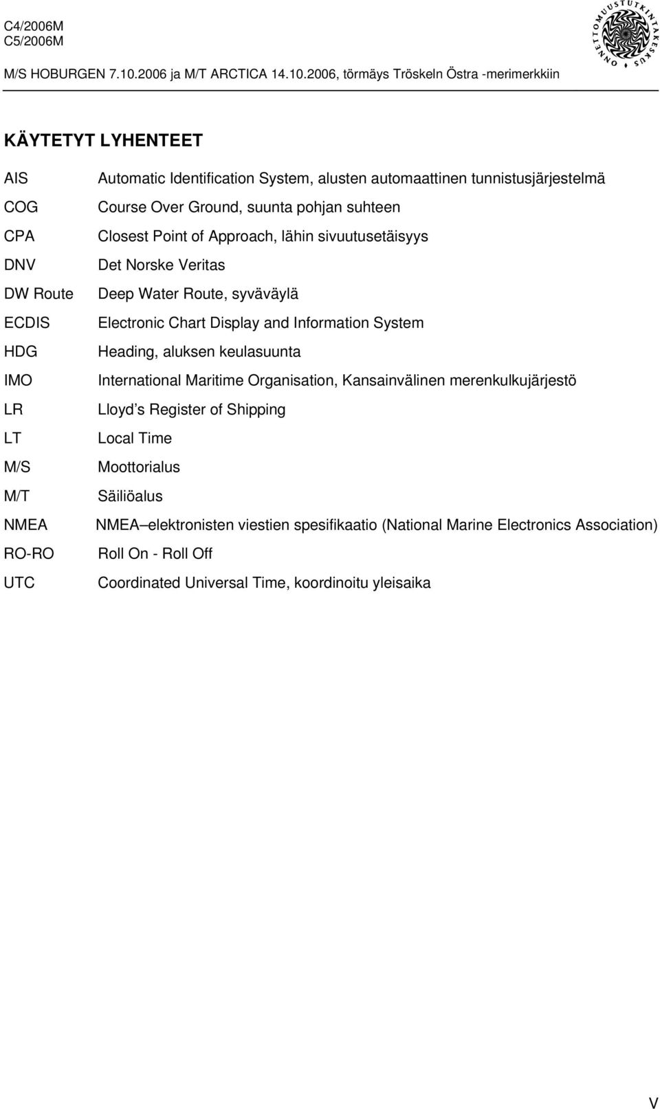 and Information System Heading, aluksen keulasuunta International Maritime Organisation, Kansainvälinen merenkulkujärjestö Lloyd s Register of Shipping Local Time