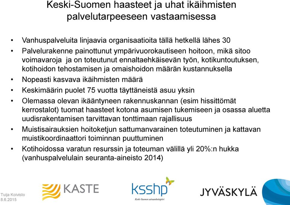 vuotta täyttäneistä asuu yksin Olemassa olevan ikääntyneen rakennuskannan (esim hissittömät kerrostalot) tuomat haasteet kotona asumisen tukemiseen ja osassa aluetta uudisrakentamisen tarvittavan