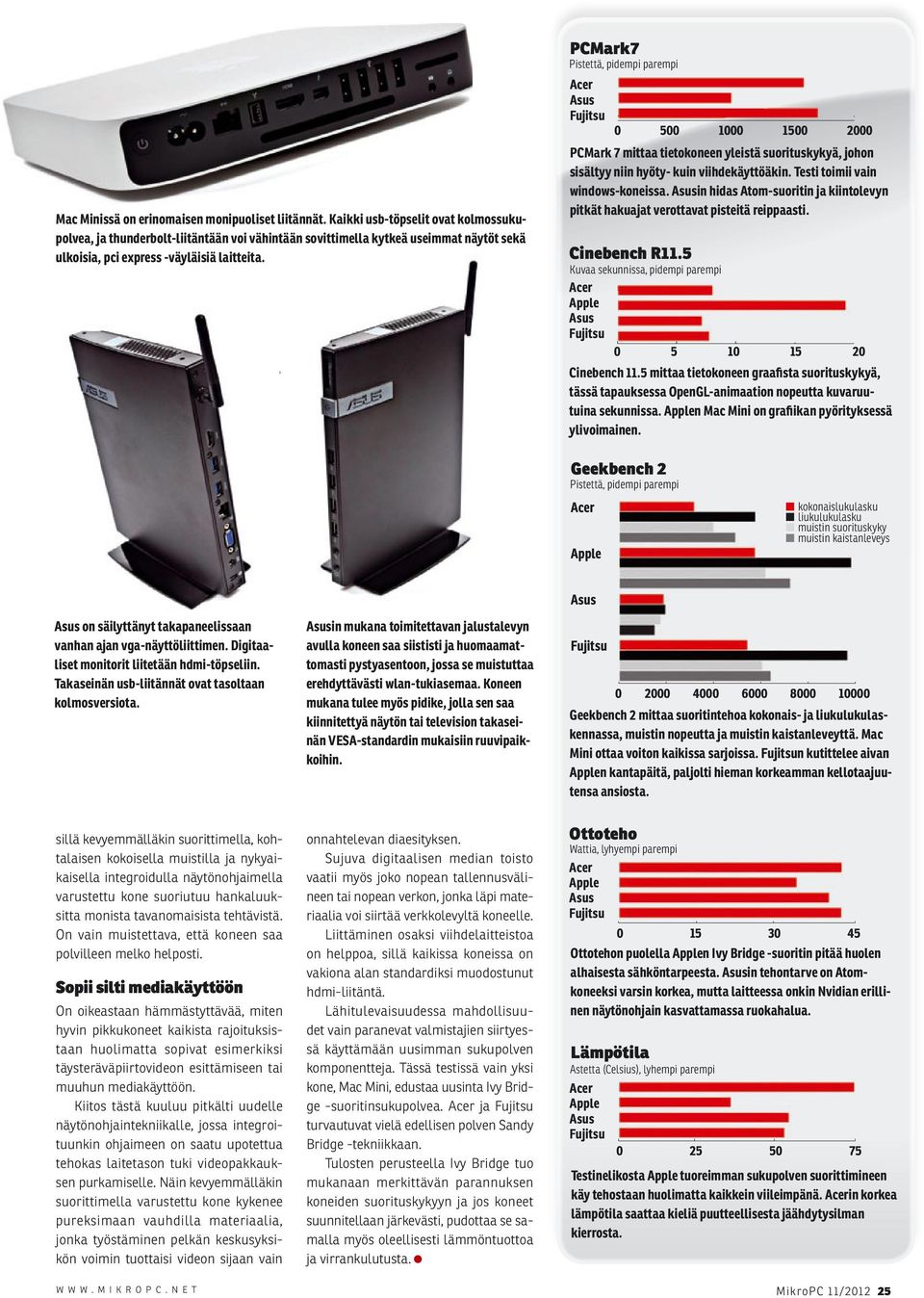 PCMark7 Pistettä, pidempi parempi 0 500 1000 1500 2000 PCMark 7 mittaa tietokoneen yleistä suorituskykyä, johon sisältyy niin hyöty- kuin viihdekäyttöäkin. Testi toimii vain windows-koneissa.