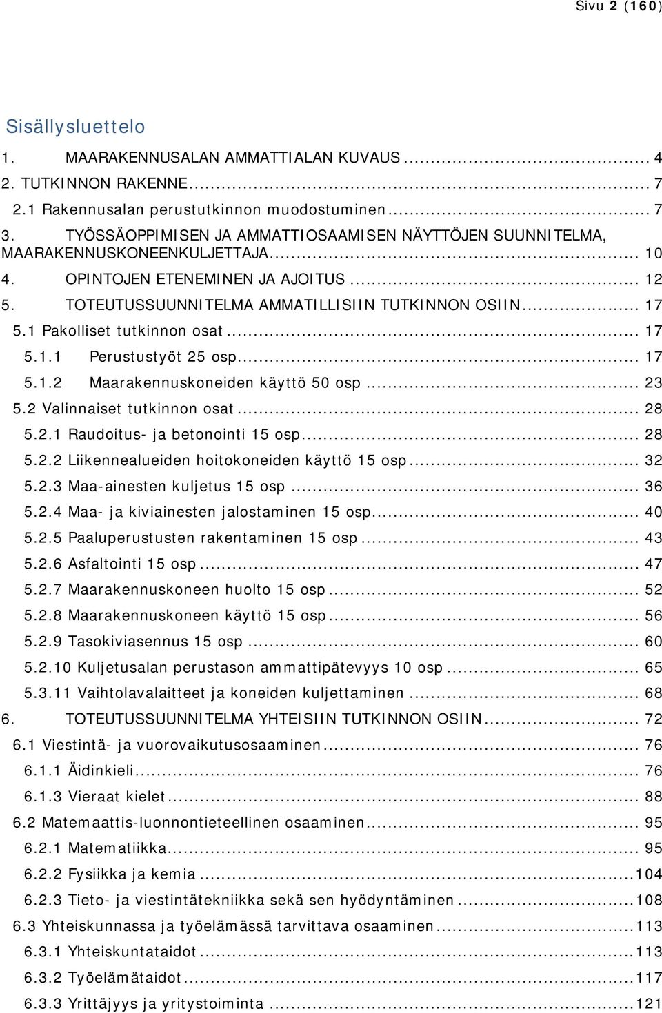 1 Pakolliset tutkinnon osat... 17 5.1.1 Perustustyöt 25 osp... 17 5.1.2 Maarakennuskoneiden käyttö 50 osp... 23 5.2 Valinnaiset tutkinnon osat... 28 5.2.1 Raudoitus- ja betonointi 15 osp... 28 5.2.2 Liikennealueiden hoitokoneiden käyttö 15 osp.