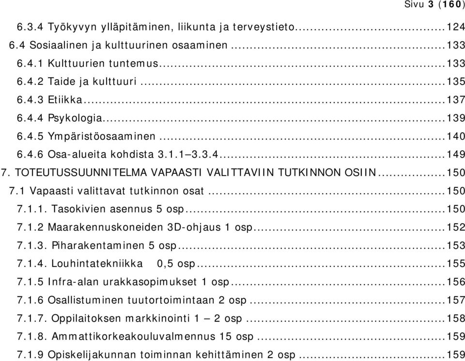 1 Vapaasti valittavat tutkinnon osat... 150 7.1.1. Tasokivien asennus 5 osp... 150 7.1.2 Maarakennuskoneiden 3D-ohjaus 1 osp... 152 7.1.3. Piharakentaminen 5 osp... 153 7.1.4.