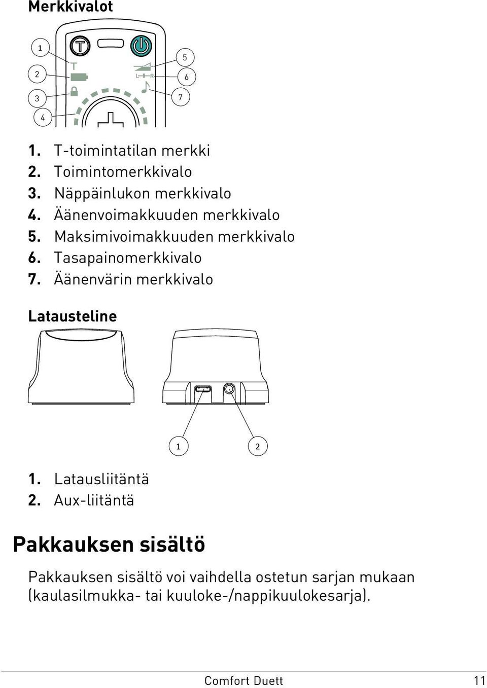 Tasapainomerkkivalo 7. Äänenvärin merkkivalo Latausteline 1 2 1. Latausliitäntä 2.