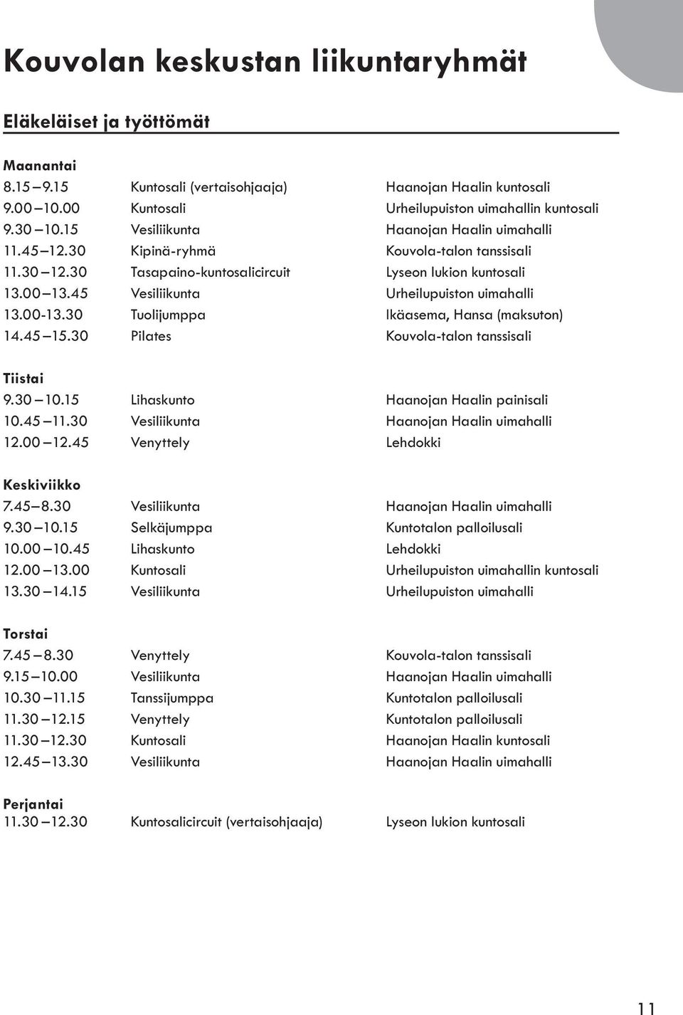 45 Vesiliikunta Urheilupuiston uimahalli 13.00-13.30 Tuolijumppa Ikäasema, Hansa (maksuton) 14.45 15.30 Pilates Kouvola-talon tanssisali Tiistai 9.30 10.15 Lihaskunto Haanojan Haalin painisali 10.