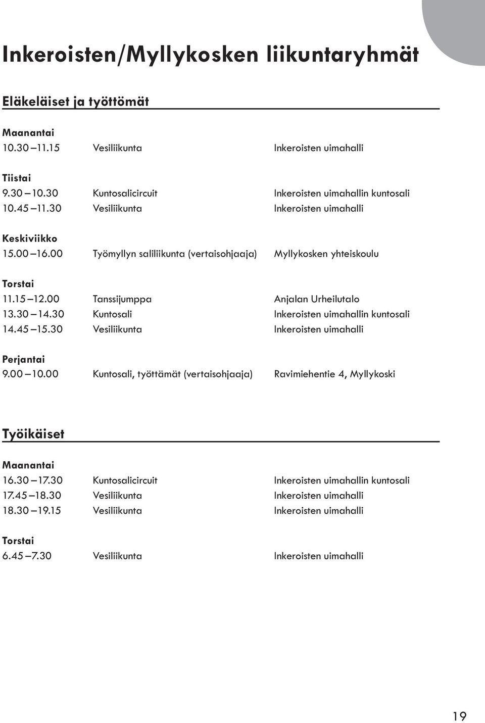 30 Kuntosali Inkeroisten uimahallin kuntosali 14.45 15.30 Vesiliikunta Inkeroisten uimahalli Perjantai 9.00 10.