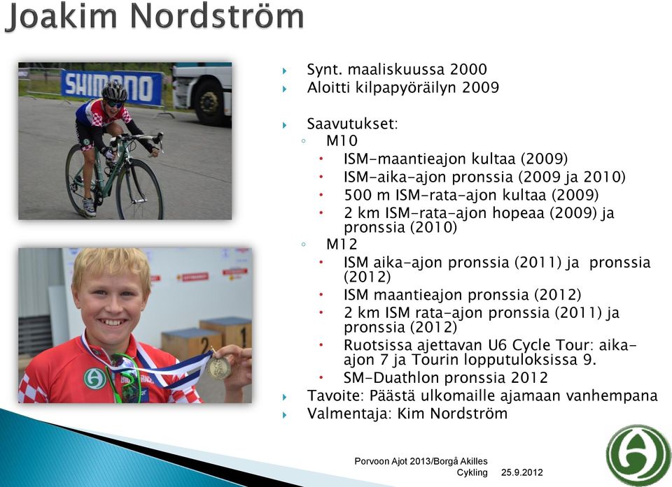 pronssia (2012) ISM maantieajon pronssia (2012) 2 km ISM rata-ajon pronssia (2011) ja pronssia (2012) Ruotsissa ajettavan U6 Cycle