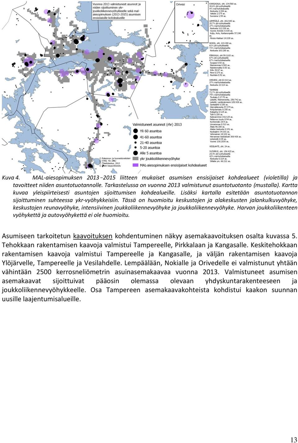 Lisäksi kartalla esitetään asuntotuotannon sijoittuminen suhteessa ykr-vyöhykkeisiin.