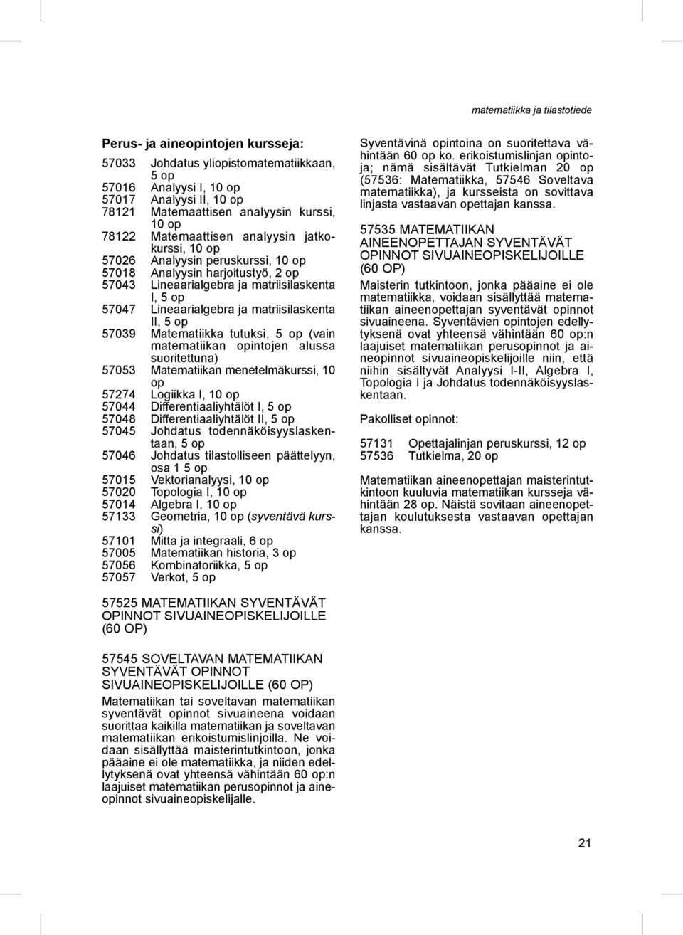 tutuksi, (vain matematiikan opintojen alussa suoritettuna) 57053 Matematiikan menetelmäkurssi, 10 op 57274 Logiikka I, 10 op 57044 Differentiaaliyhtälöt I, 57048 Differentiaaliyhtälöt II, 57045