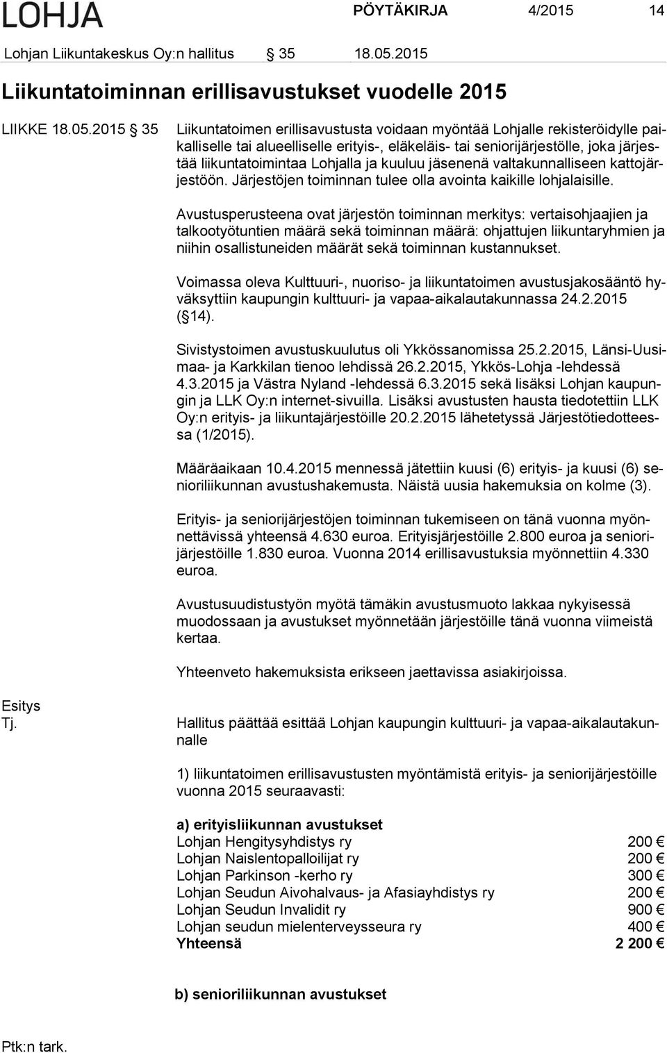 2015 35 Liikuntatoimen erillisavustusta voidaan myöntää Lohjalle rekisteröidylle paikalliselle tai alueelliselle erityis-, eläkeläis- tai seniorijärjestölle, joka järjestää liikuntatoimintaa Lohjalla