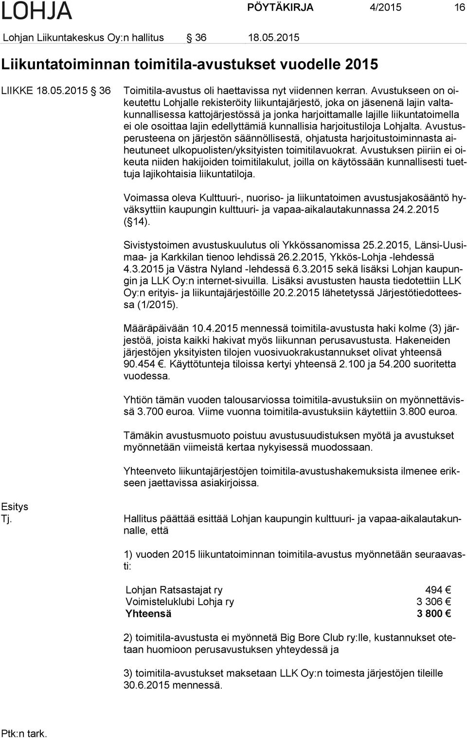 edellyttämiä kunnallisia harjoitustiloja Lohjalta. Avustusperusteena on järjestön säännöllisestä, ohjatusta harjoitustoiminnasta aiheutuneet ulkopuolisten/yksityisten toimitilavuokrat.