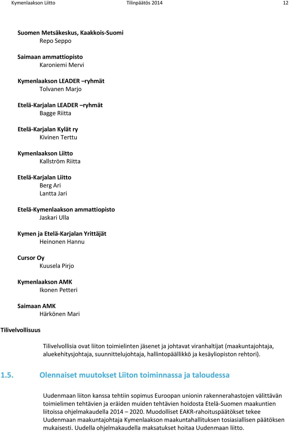 Karjalan Yrittäjät Heinonen Hannu Cursor Oy Kuusela Pirjo Kymenlaakson AMK Ikonen Petteri Saimaan AMK Härkönen Mari Tilivelvollisuus Tilivelvollisia ovat liiton toimielinten jäsenet ja johtavat