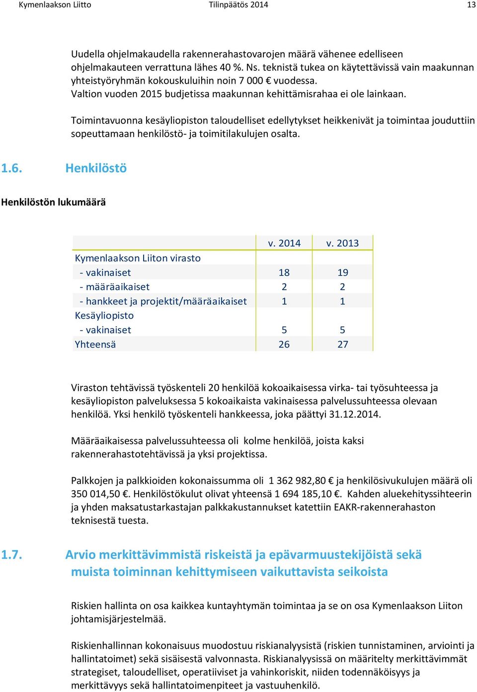 Toimintavuonna kesäyliopiston taloudelliset edellytykset heikkenivät ja toimintaa jouduttiin sopeuttamaan henkilöstö ja toimitilakulujen osalta. 1.6. Henkilöstö Henkilöstön lukumäärä v. 2014 v.