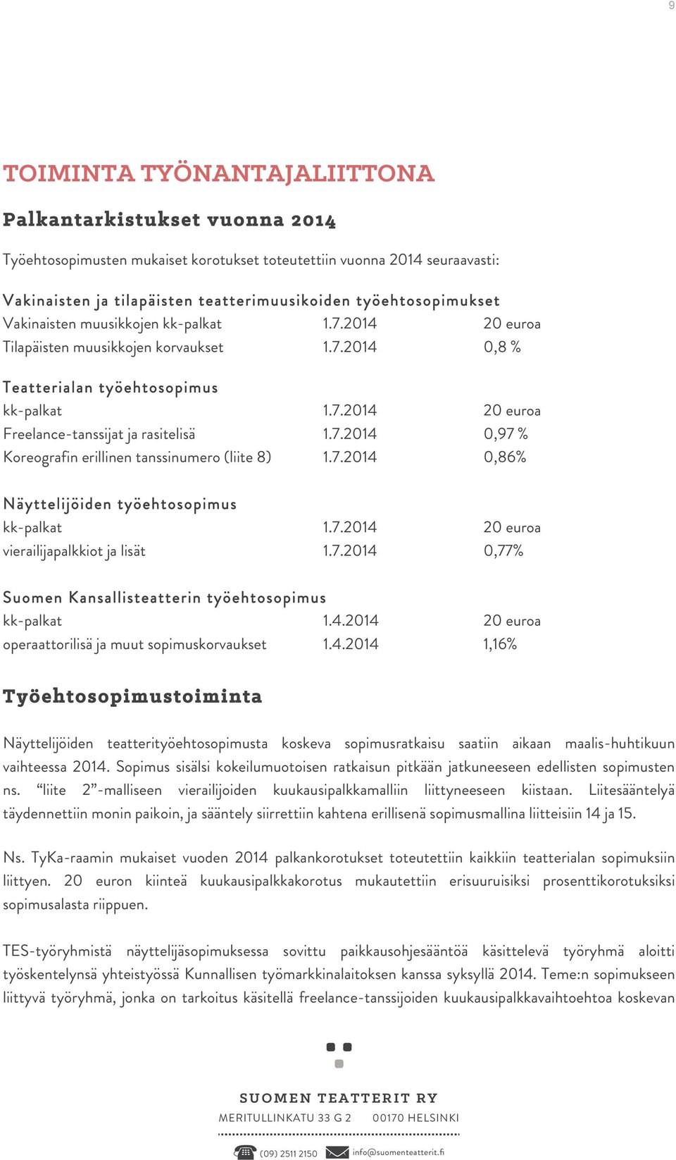 7.2014 0,97 % Koreografin erillinen tanssinumero (liite 8) 1.7.2014 0,86% Näyttelijöiden työehtosopimus kk-palkat 1.7.2014 20 euroa vierailijapalkkiot ja lisät 1.7.2014 0,77% Suomen Kansallisteatterin työehtosopimus kk-palkat 1.