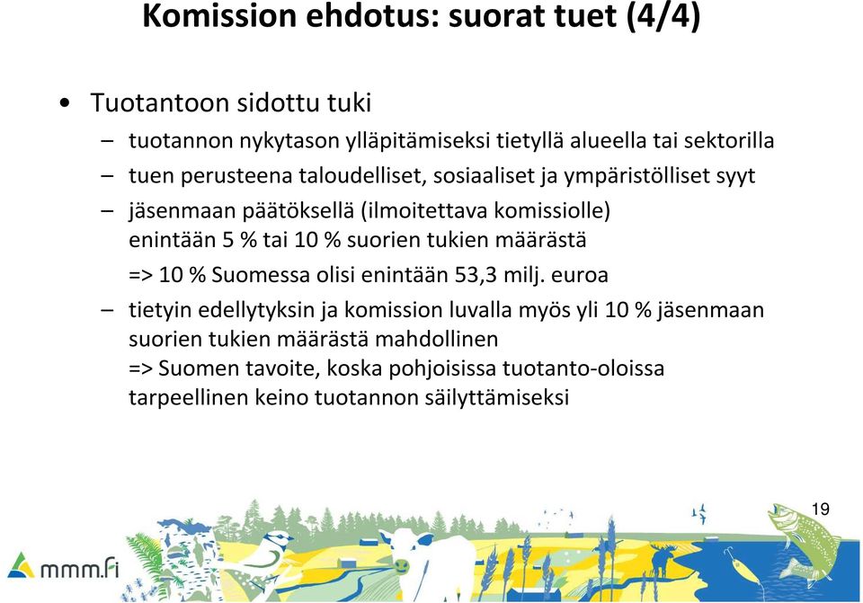 suorien tukien määrästä => 10 % Suomessa olisi enintään 53,3 milj.