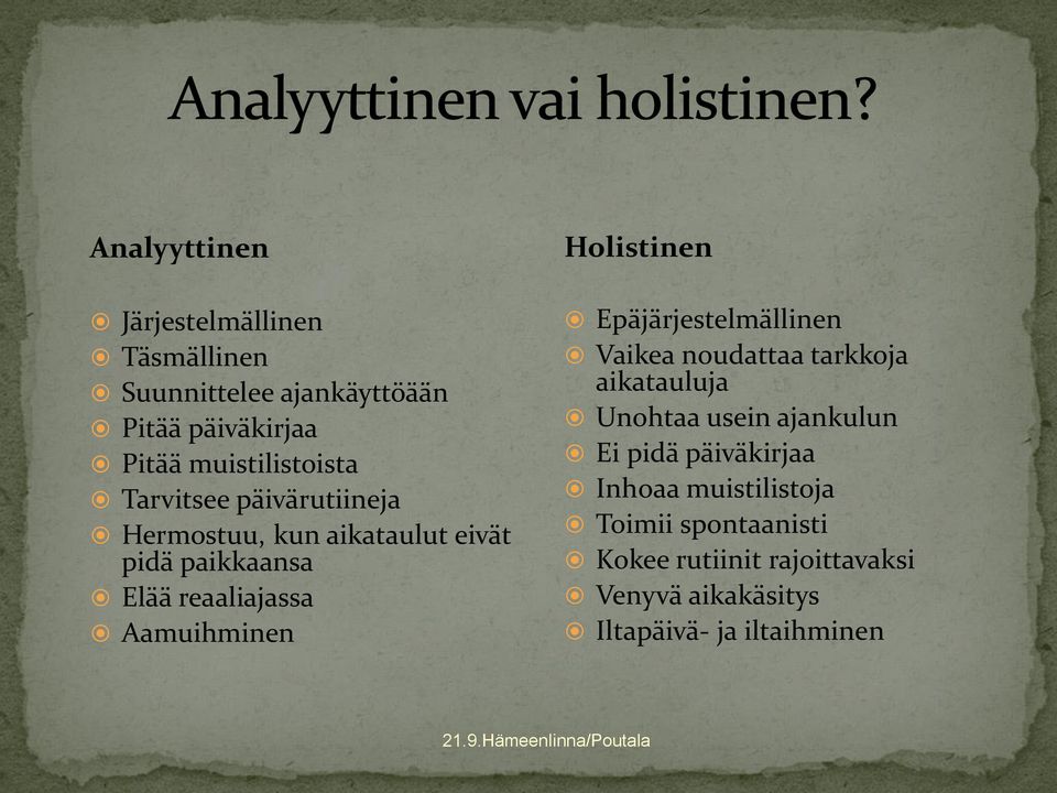 Holistinen Epäjärjestelmällinen Vaikea noudattaa tarkkoja aikatauluja Unohtaa usein ajankulun Ei pidä