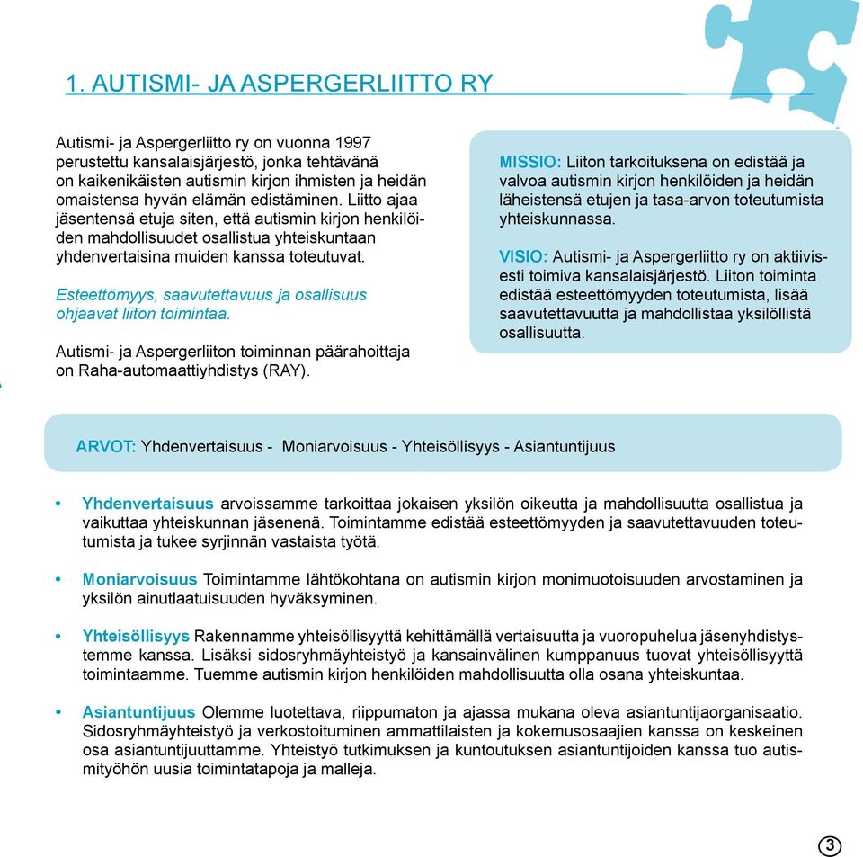 Esteettömyys, saavutettavuus ja osallisuus ohjaavat liiton toimintaa. Autismi- ja Aspergerliiton toiminnan päärahoittaja on Raha-automaattiyhdistys (RAY).