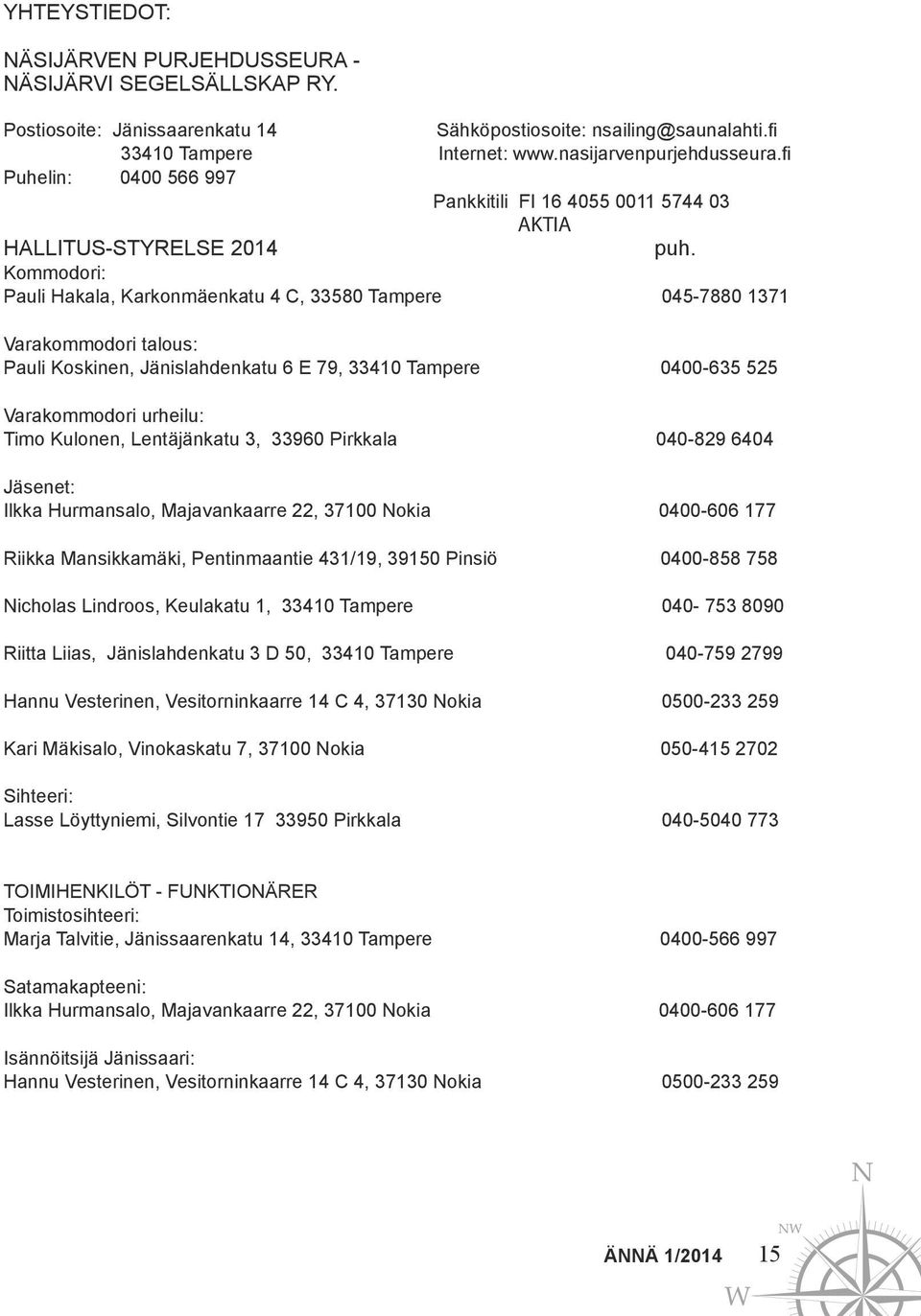 Kommodori: Pauli Hakala, Karkonmäenkatu 4 C, 33580 Tampere 045-7880 1371 Varakommodori talous: Pauli Koskinen, Jänislahdenkatu 6 E 79, 33410 Tampere 0400-635 525 Varakommodori urheilu: Timo Kulonen,