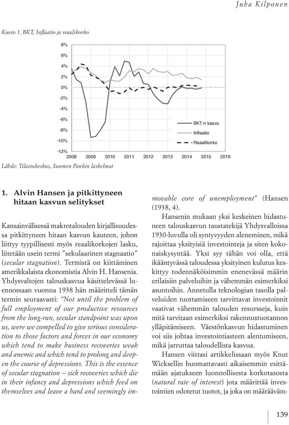 Eri häiriötekijöiden merkitys tuotannon kasvuun Suomessa vuosina 2011:N1-2014:N2 1. Alvin Hansen ja pitkittyneen movable core of unemployment (Hansen hitaan kasvun selitykset 8 (1938, 4).