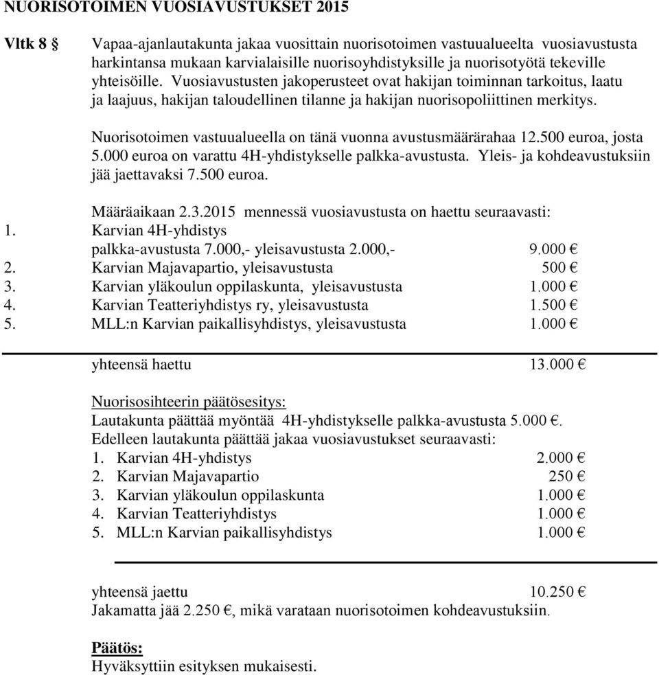 Nuorisotoimen vastuualueella on tänä vuonna avustusmäärärahaa 12.500 euroa, josta 5.000 euroa on varattu 4H-yhdistykselle palkka-avustusta. Yleis- ja kohdeavustuksiin jää jaettavaksi 7.500 euroa. Määräaikaan 2.