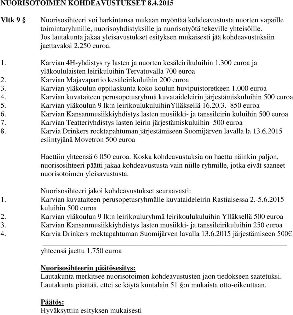 Jos lautakunta jakaa yleisavustukset esityksen mukaisesti jää kohdeavustuksiin jaettavaksi 2.250 euroa. 1. Karvian 4H-yhdistys ry lasten ja nuorten kesäleirikuluihin 1.