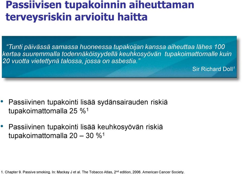 Sir Richard Doll 1 Passiivinen tupakointi lisää sydänsairauden riskiä tupakoimattomalla 25 % 1 Passiivinen tupakointi lisää keuhkosyövän