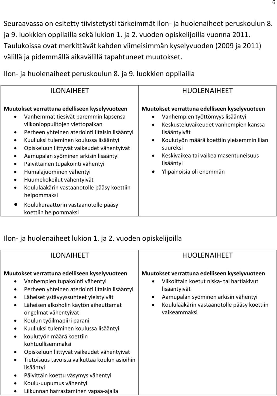 luokkien oppilailla ILONAIHEET Muutokset verrattuna edelliseen kyselyvuoteen Vanhemmat tiesivät paremmin lapsensa viikonloppuiltojen viettopaikan Perheen yhteinen ateriointi iltaisin lisääntyi