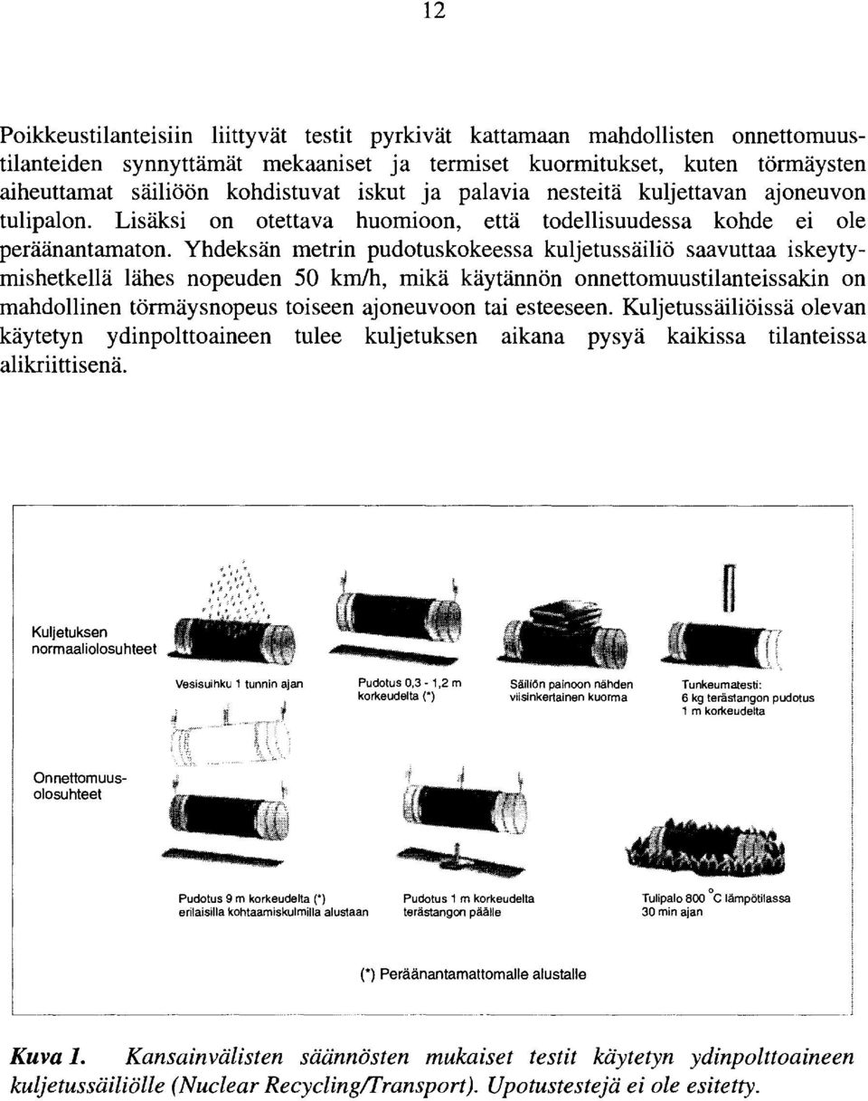 Yhdeksän metrin pudotuskokeessa kuljetussäiliö saavuttaa iskeytymishetkellä lähes nopeuden 50 kmlh, mikä käytännön onnettomuustilanteissakin on mahdollinen törmäysnopeus toiseen ajoneuvoen tai