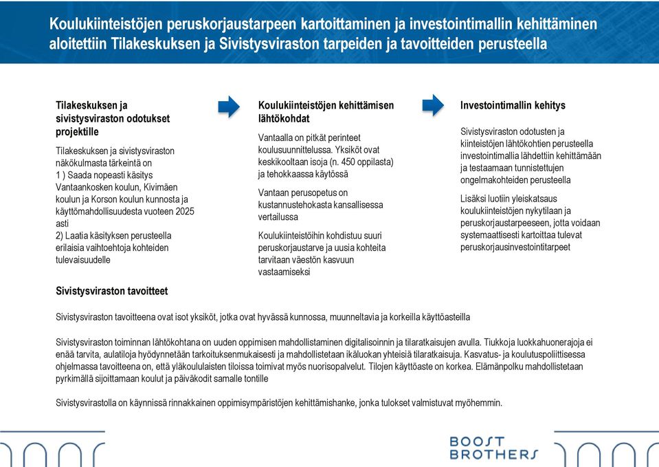 käyttömahdollisuudesta vuoteen 2025 asti 2) Laatia käsityksen perusteella erilaisia vaihtoehtoja kohteiden tulevaisuudelle Sivistysviraston tavoitteet Koulukiinteistöjen kehittämisen lähtökohdat