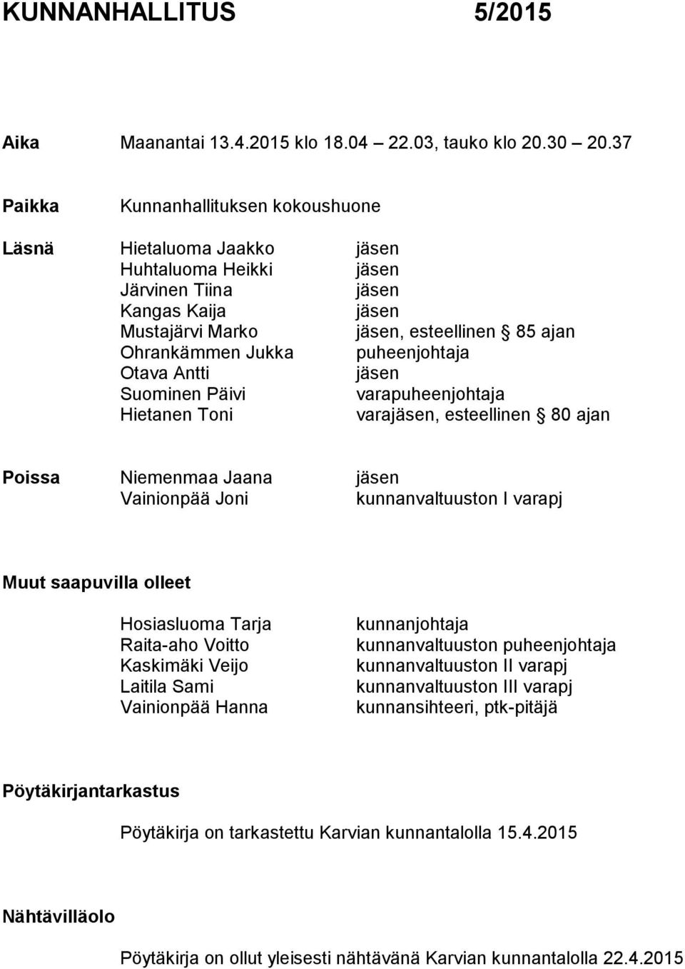 puheenjohtaja Otava Antti jäsen Suominen Päivi varapuheenjohtaja Hietanen Toni varajäsen, esteellinen 80 ajan Poissa Niemenmaa Jaana jäsen Vainionpää Joni kunnanvaltuuston I varapj Muut saapuvilla