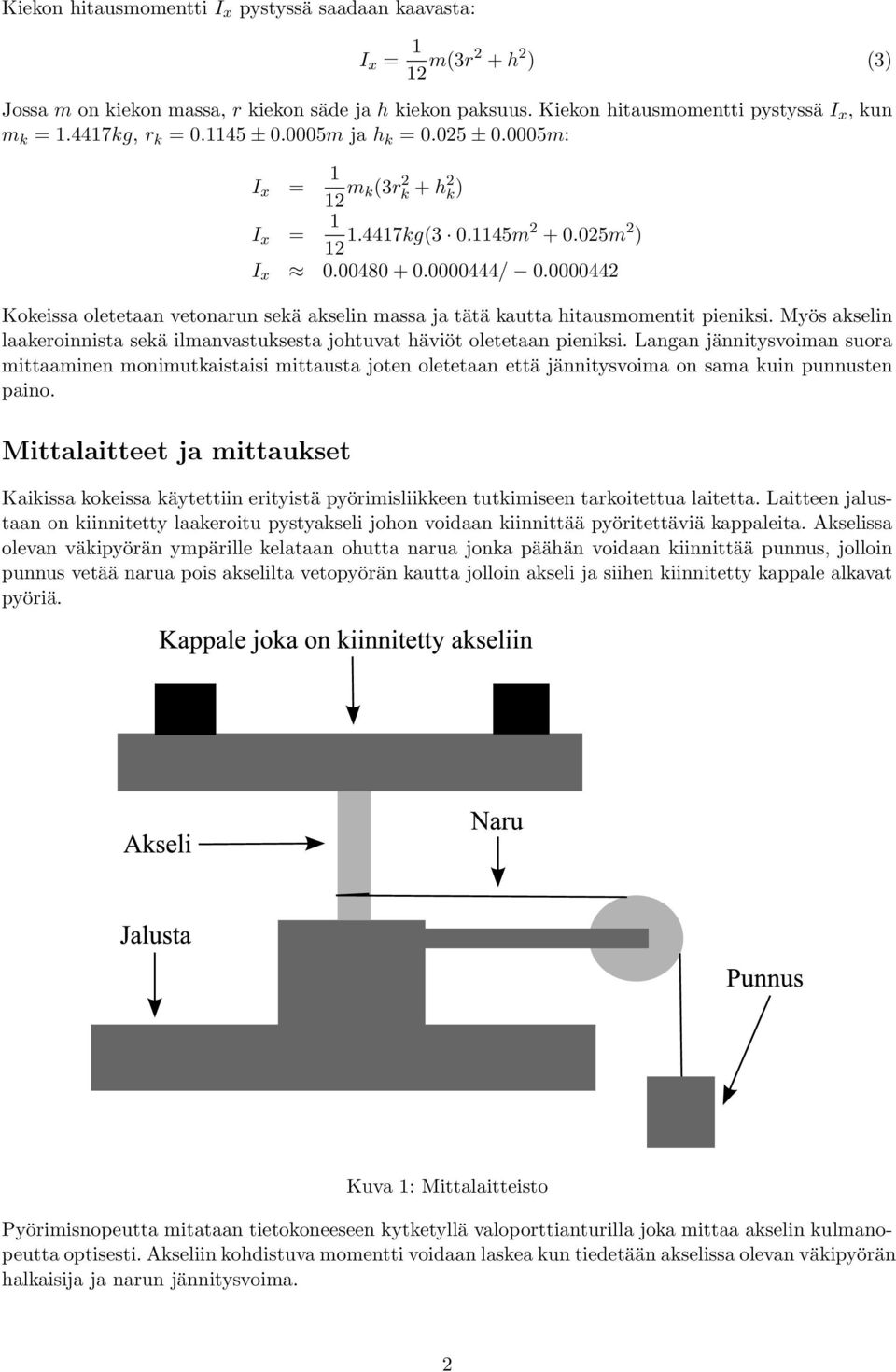 000044 Kokeissa oletetaan vetonarun sekä akselin massa ja tätä kautta hitausmomentit pieniksi. Myös akselin laakeroinnista sekä ilmanvastuksesta johtuvat häviöt oletetaan pieniksi.
