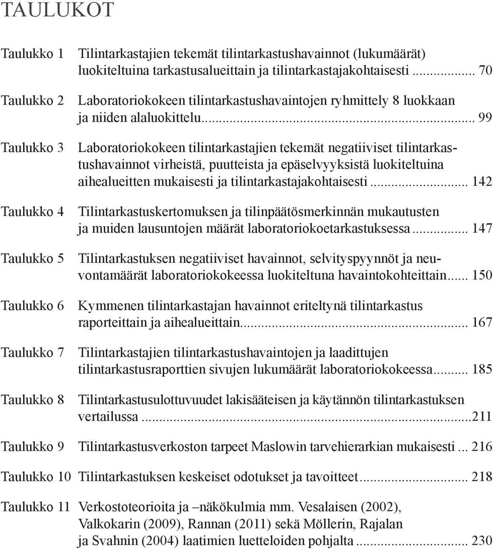 .. 99 Taulukko 3 Laboratoriokokeen tilintarkastajien tekemät negatiiviset tilintarkastushavainnot virheistä, puutteista ja epäselvyyksistä luokiteltuina aihealueitten mukaisesti ja