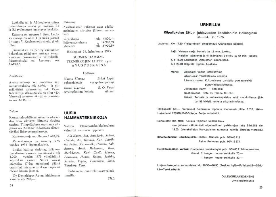 Rahastot Avustuskassan rahastot ovat edellämainittujen siirtojen jälkeen seuraavat: vararahasto mk 4.000, lisäavustusrahasto 14.920,59 yhteensä mk 18.920,59 Helsingissä 28.