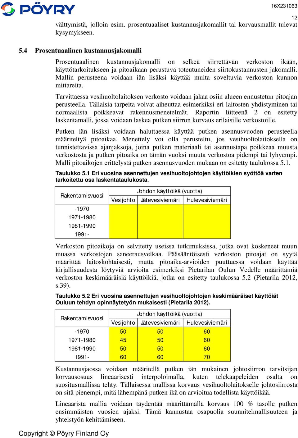 Mallin perusteena voidaan iän lisäksi käyttää muita soveltuvia verkoston kunnon mittareita. Tarvittaessa vesihuoltolaitoksen verkosto voidaan jakaa osiin alueen ennustetun pitoajan perusteella.